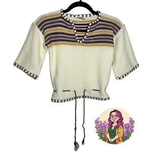 VTG F.A.I. Ivory Knit Striped Drawstring Sweater Boho Whipstitch Whimsygoth Sz S